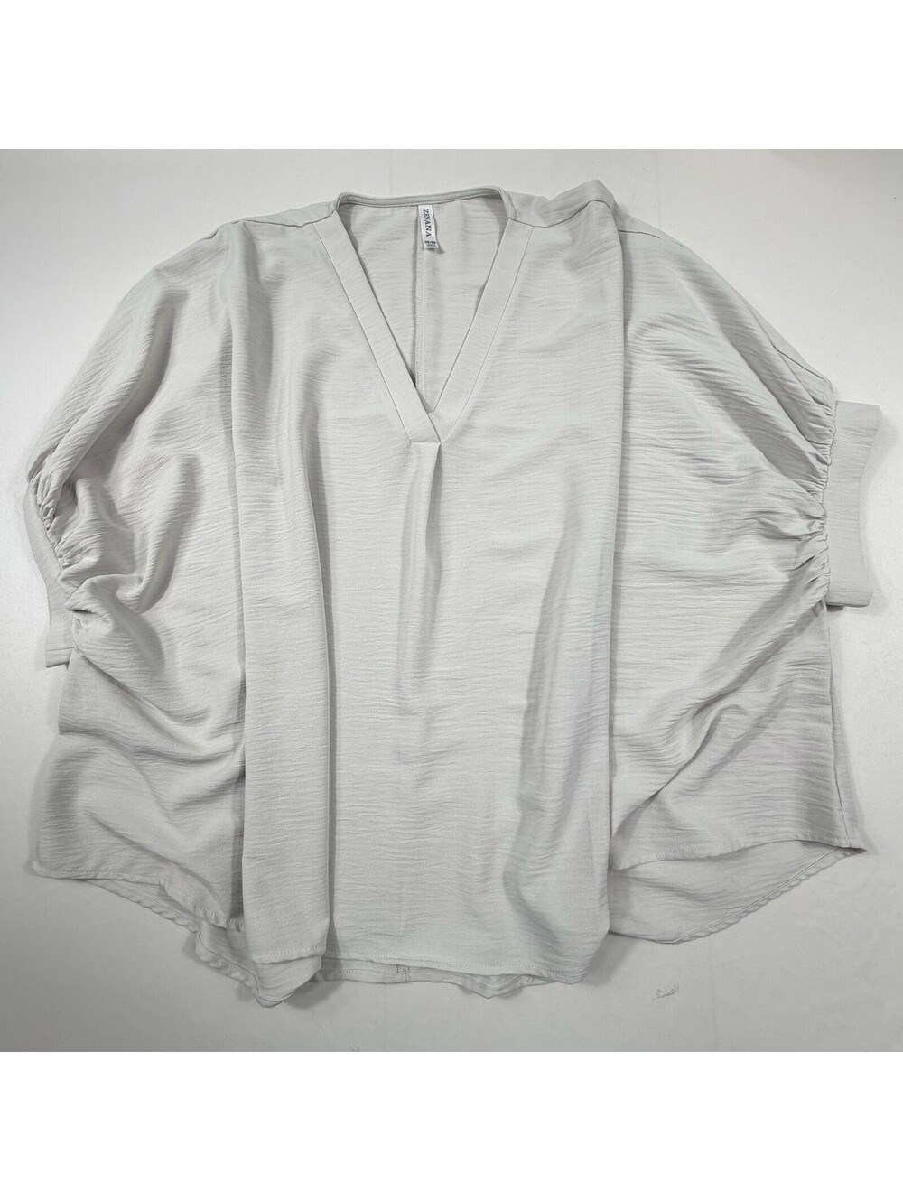 Zenana 2X/3X Light Gray Polyester V-Neck Blouse with Ruched Sleeves